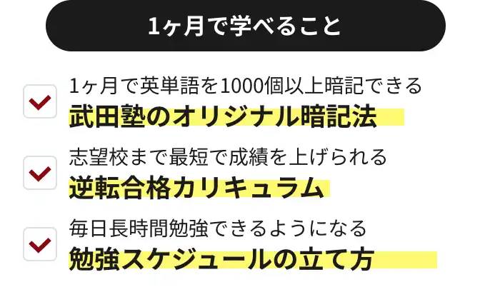 １ヶ月で学べること。１ヶ月で英単語を1000個以上暗記できる武田塾のオリジナル暗記法。志望校まで最短で成績を上げられる逆転合格カリキュラム。毎日長時間勉強できるようになる勉強スケジュールの立て方